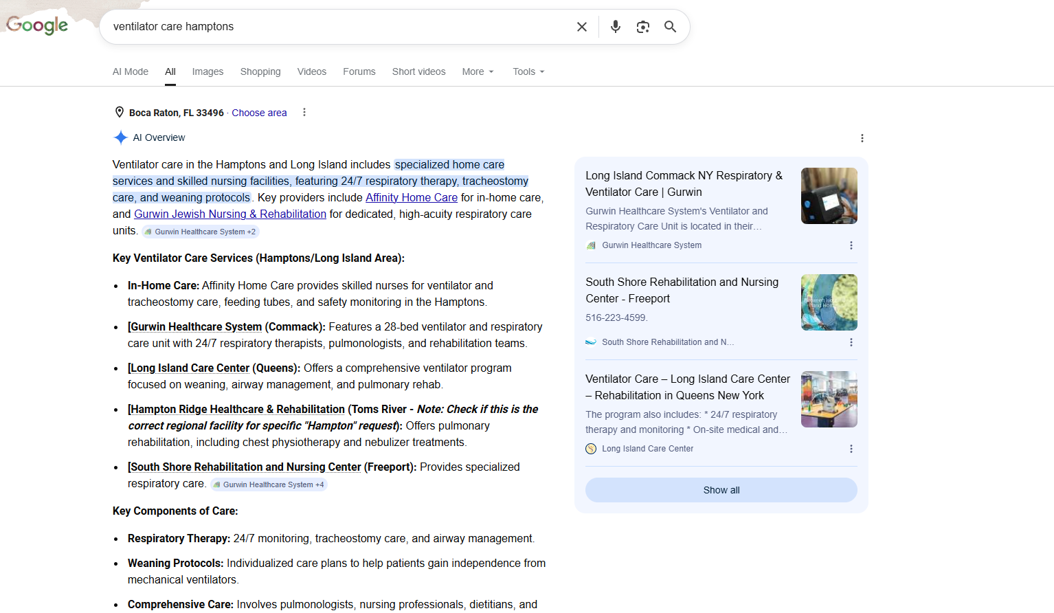 Google AI Overview citing a home care provider for ventilator care hamptons