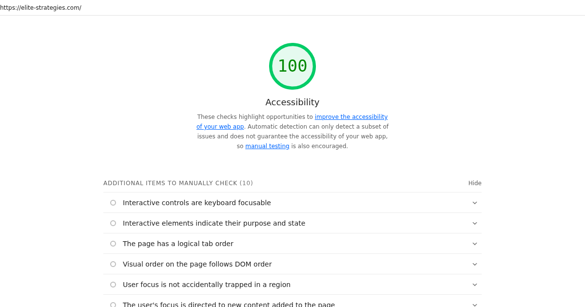 Lighthouse accessibility report showing a score of 100 out of 100 for elite-strategies.com