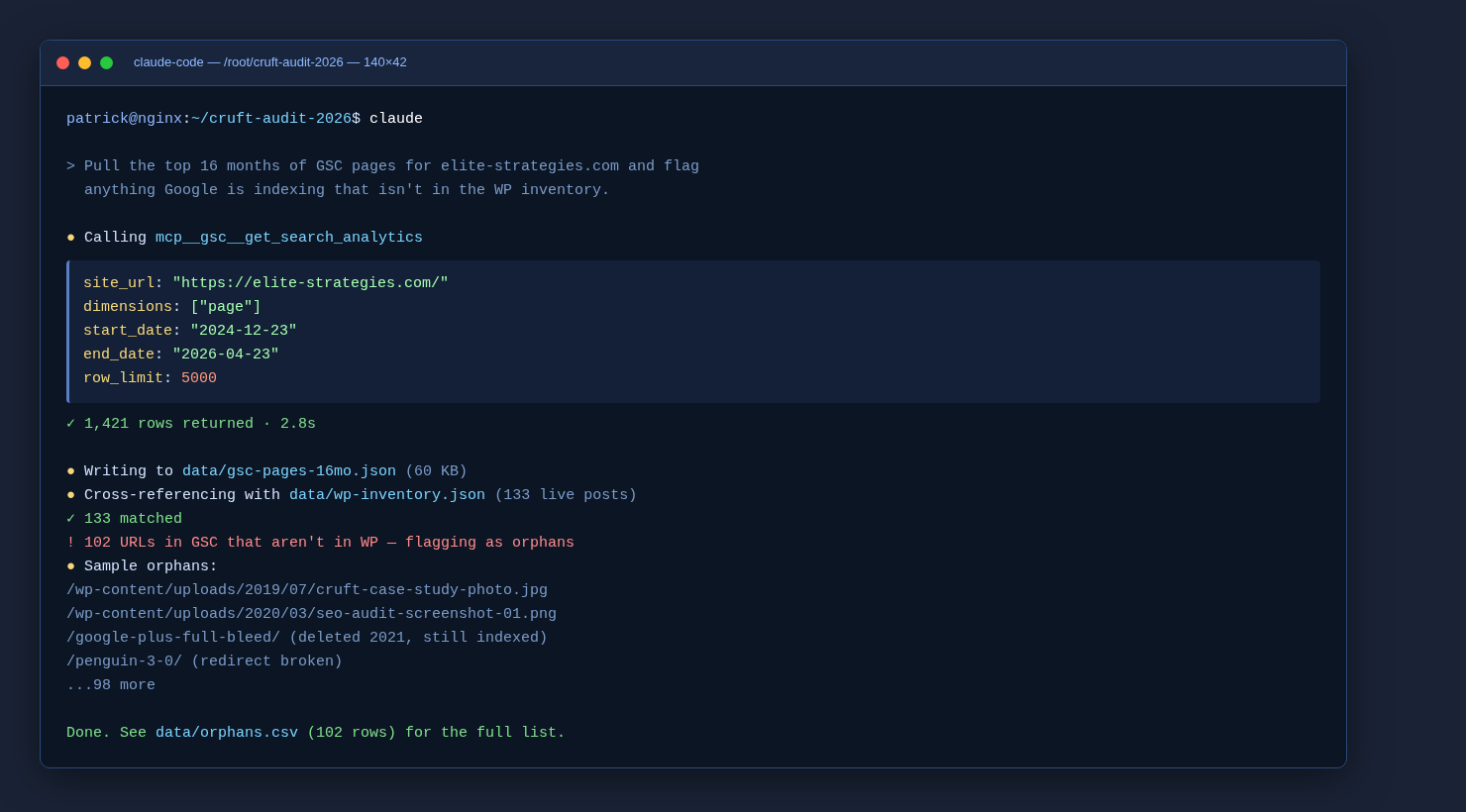 Terminal showing Claude Code calling mcp__gsc__get_search_analytics and surfacing 102 orphan URLs in GSC that aren't in the WordPress inventory.